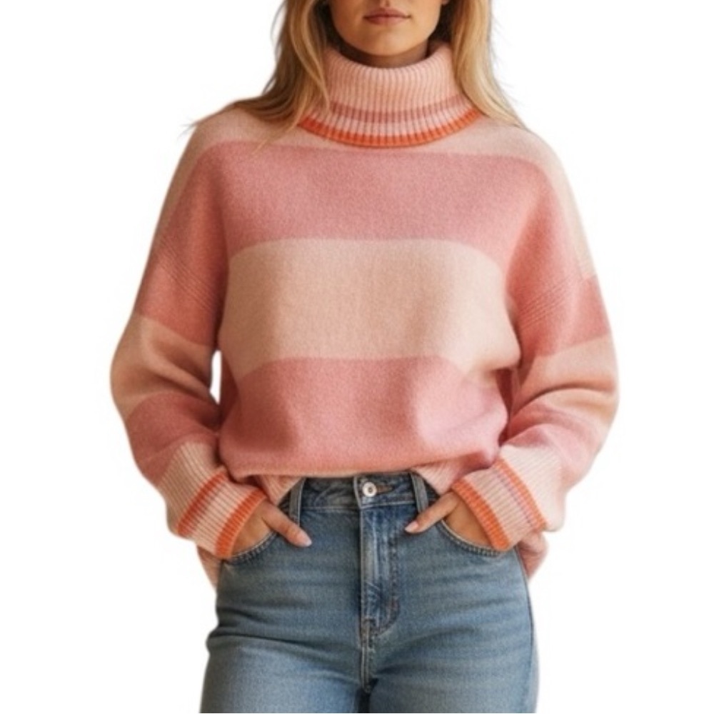 J. Crew Striped Turtleneck Sweater Supersoft Yarn Heather Pale Pink NWT